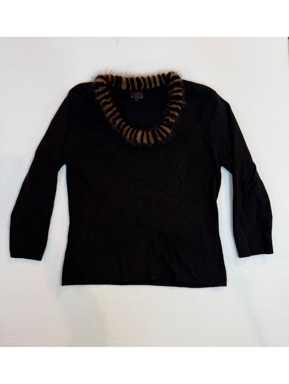Colour Works Black Sweater with Faux Fur Trim Collar Size L